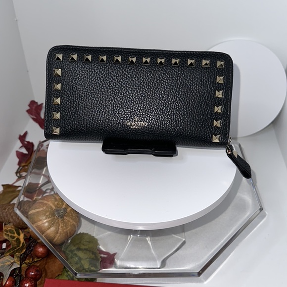 Valentino Garavani Handbags - Valentino Rockstud Zip Around Wallet Black Pebbled Leather